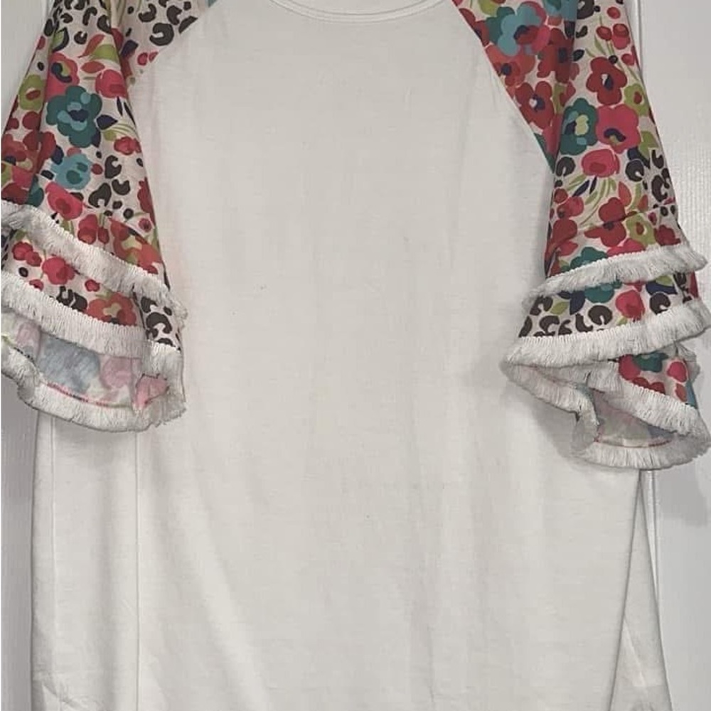 White Top with Colorful Floral Sleeves Fringe accent